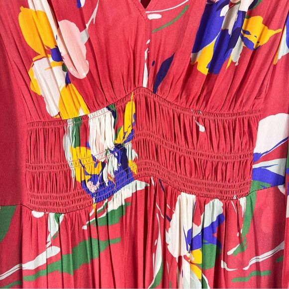 Shoshanna Emanuela Floral Smocked Waist Midi Dress Red Long Sleeve V-Neck 4 NWT - Picture 15 of 16